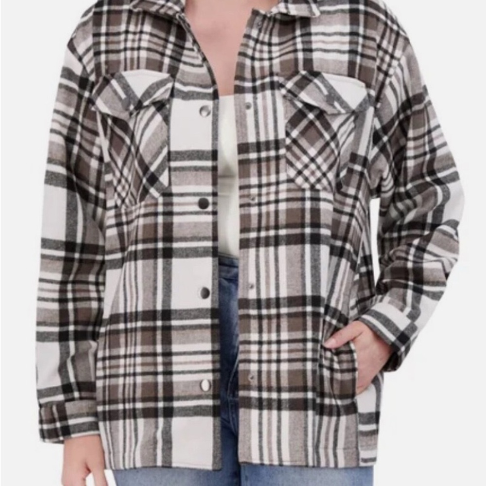 Costco Ladies Brown Checked Long Sleeve Shirt Jacket w/Snaps NWT Choose Size